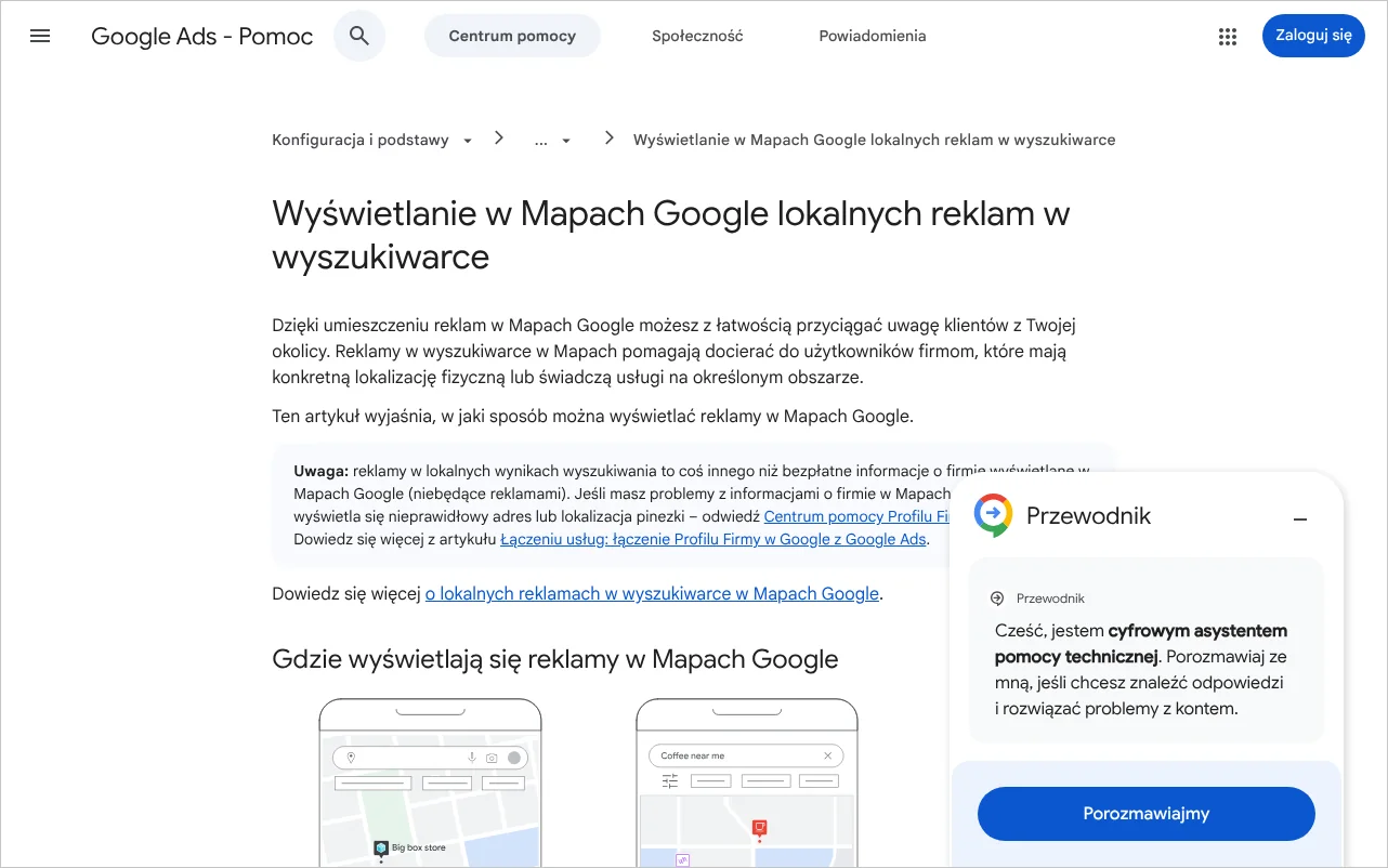 Strona pomocy Google Ads opisująca wyświetlanie w Mapach Google lokalnych reklam w wyszukiwarce i ich formaty