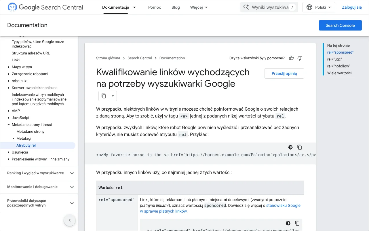 Strona dokumentacji Google o kwalifikowaniu linków wychodzących z opisem wartości sponsored, ugc i nofollow