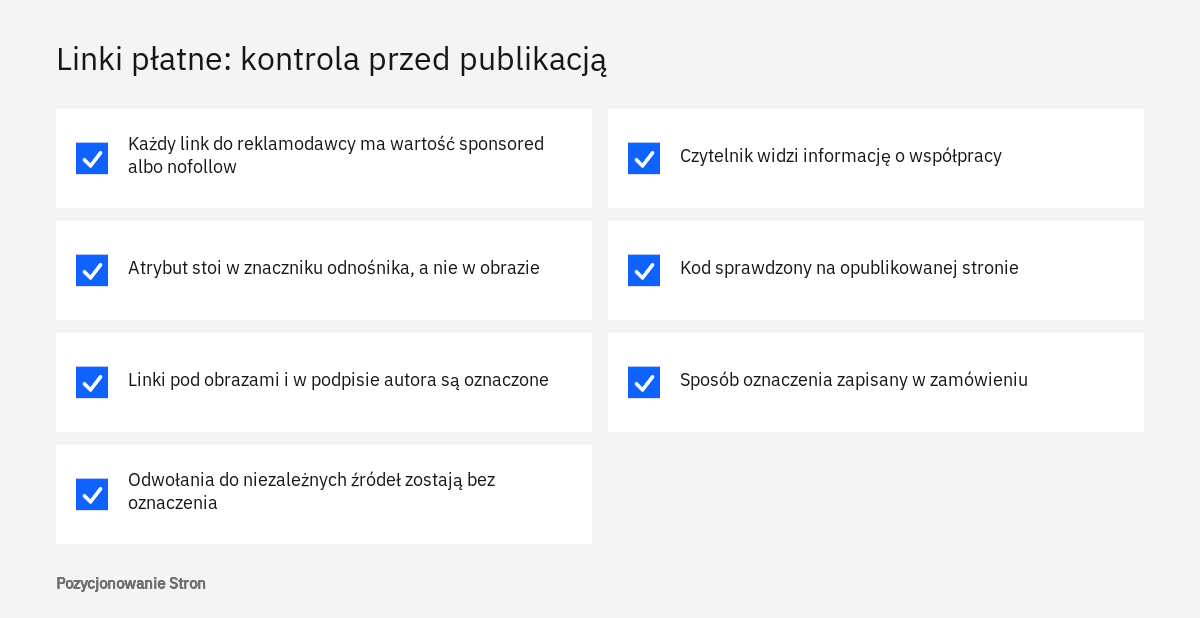 Lista kontrolna dla materiału płatnego: atrybut rel sponsored przy każdym linku, właściwe miejsce w kodzie i informacja dla czytelnika