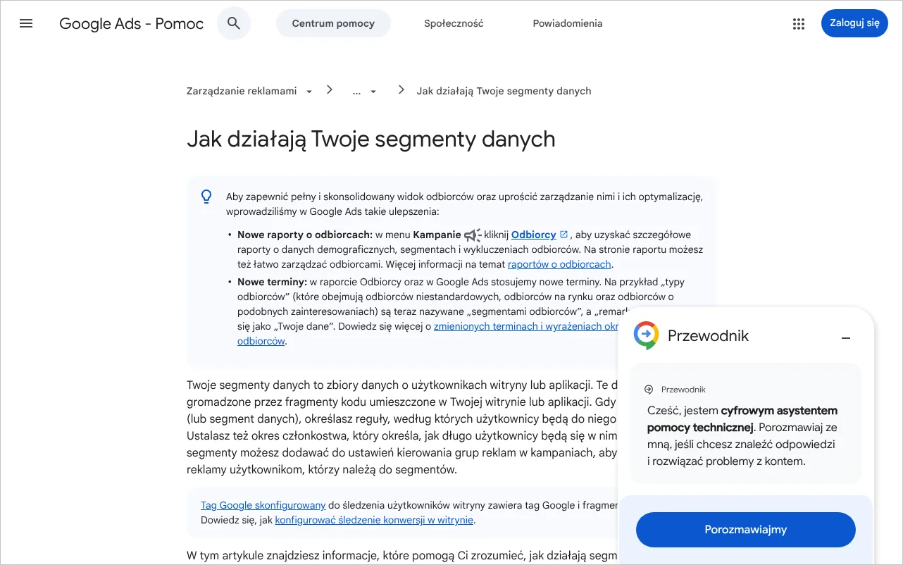 Strona pomocy Google Ads o działaniu segmentów danych, na której opisano okres członkostwa i wymagania list remarketingowych