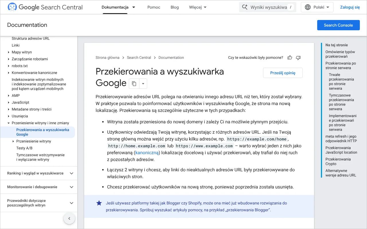 Strona dokumentacji Google o przekierowaniach z podziałem na przekierowania trwałe i tymczasowe