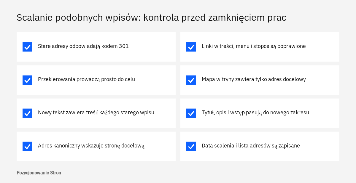 Lista kontrolna po scaleniu podobnych wpisów: przekierowania 301, treść, adres kanoniczny, linki, mapa witryny, metadane