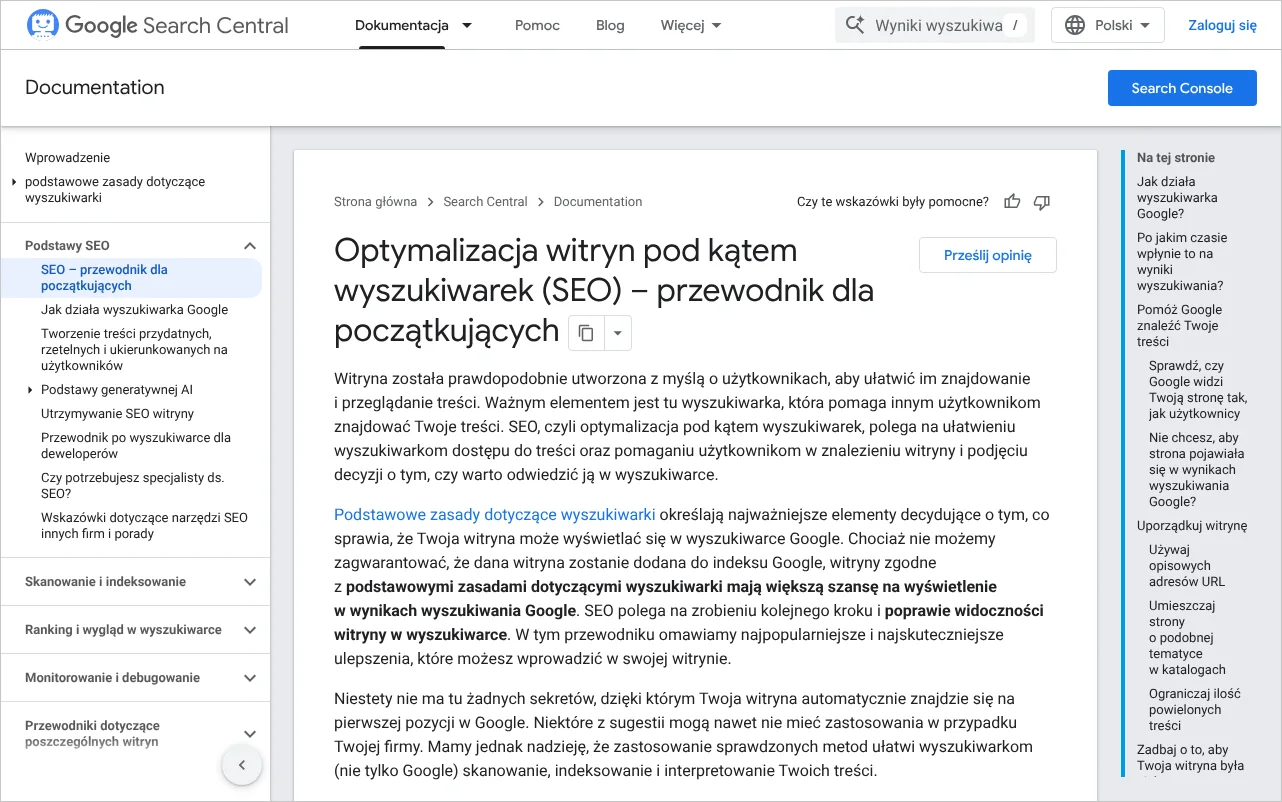 Strona dokumentacji Google z podstawami SEO dla początkujących w polskiej wersji językowej, widok początku dokumentu