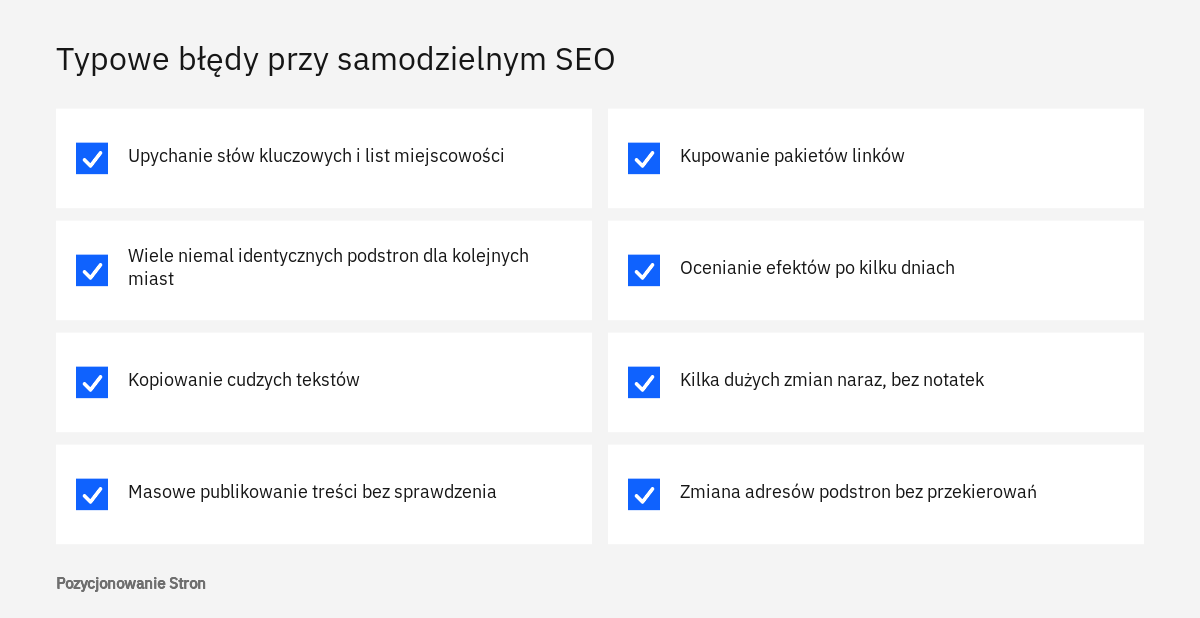 Lista typowych błędów osób uczących się SEO własnymi siłami na stronie małej firmy, od upychania słów po kupowanie linków