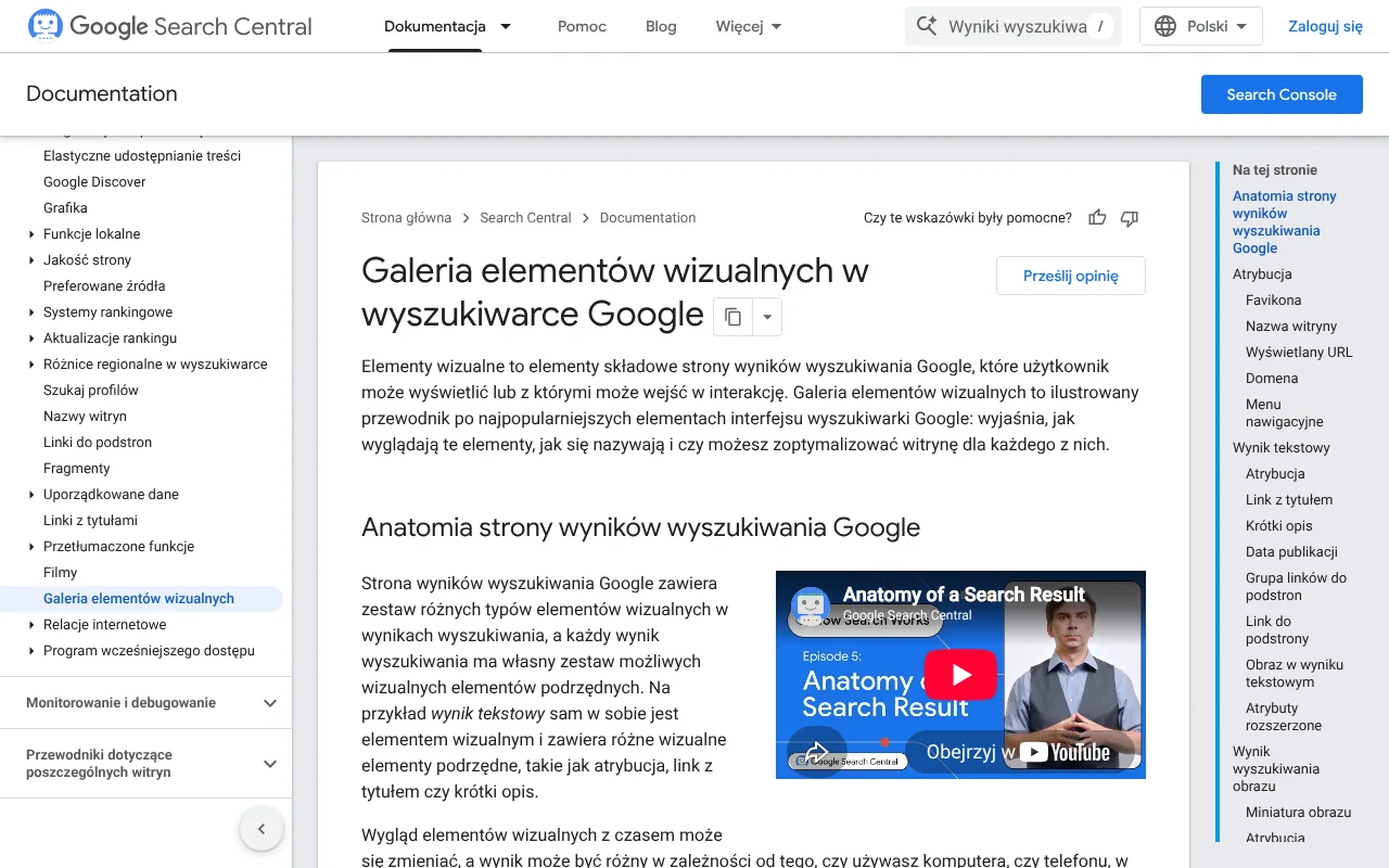 Strona dokumentacji Google Search Central z galerią elementów wizualnych, które tworzą stronę wyników wyszukiwania