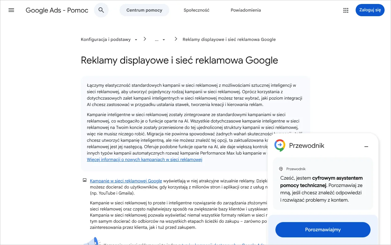 Strona pomocy Google Ads opisująca reklamy displayowe i sieć reklamową Google wraz z zasięgiem kampanii