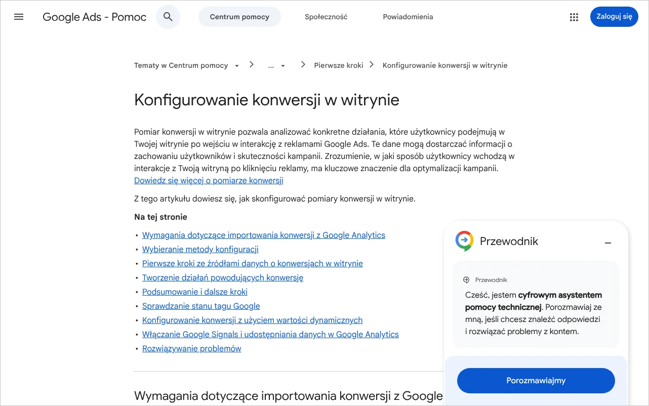 Strona pomocy Google Ads Konfigurowanie konwersji w witrynie z opisem kolejnych części konfiguracji śledzenia konwersji