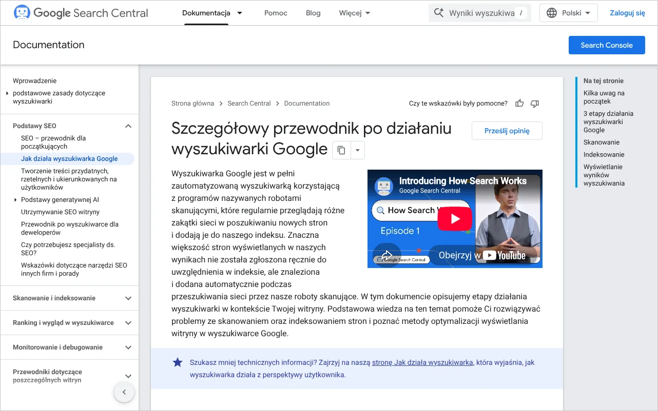 Strona dokumentacji Centrum wyszukiwarki Google opisująca skanowanie, indeksowanie i wyświetlanie wyników