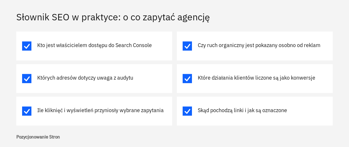 Lista pytań do oferty i raportu agencji ułożona na podstawie pojęć ze słownika SEO dla właściciela firmy