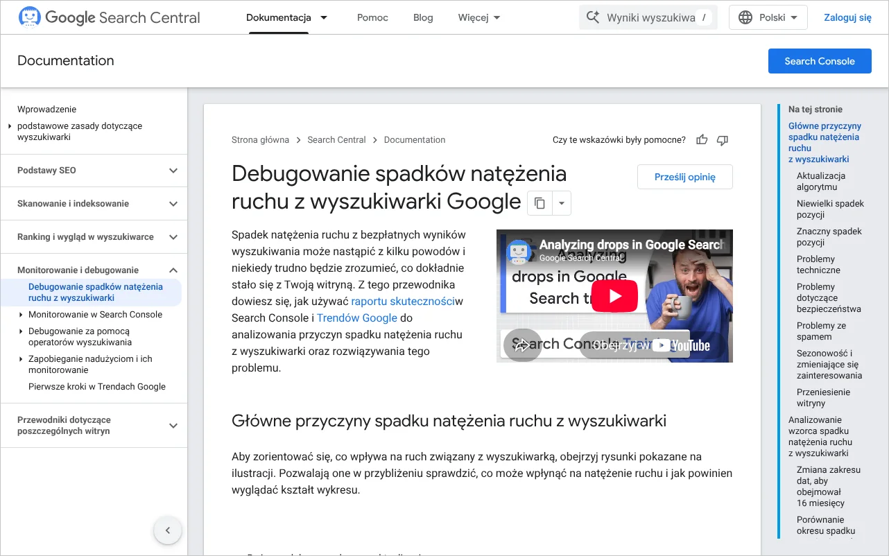 Strona dokumentacji Google o debugowaniu spadków ruchu z wyszukiwarki, z opisem typowych przyczyn i kształtów wykresu