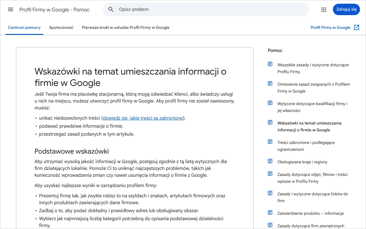 Strona pomocy Google ze wskazówkami na temat umieszczania informacji o firmie: nazwa, adres i telefon