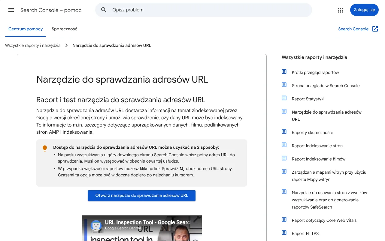 Strona pomocy Search Console opisująca narzędzie do sprawdzania adresów URL i stany wyniku