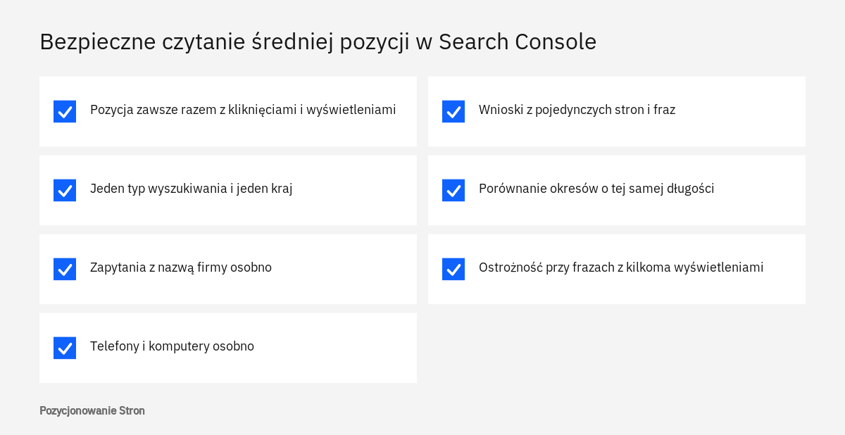 Lista zasad bezpiecznej interpretacji wskaźnika średnia pozycja w Search Console w raporcie skuteczności