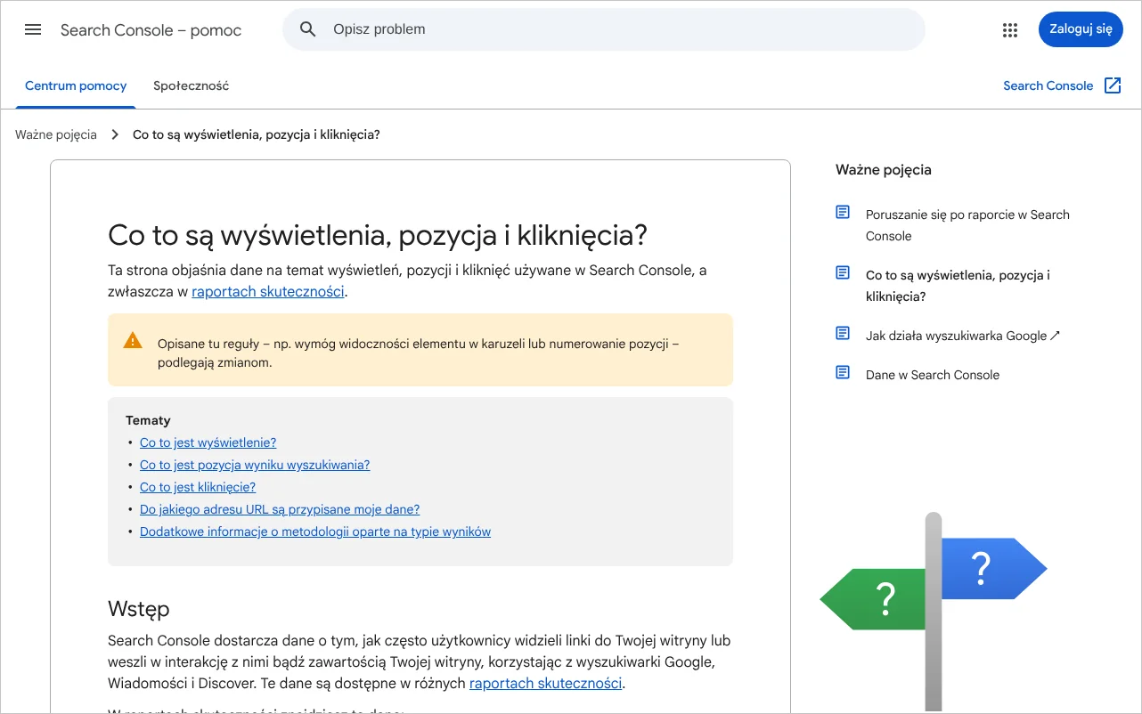 Strona pomocy Search Console wyjaśniająca, czym są wyświetlenia, pozycja i kliknięcia w raporcie skuteczności