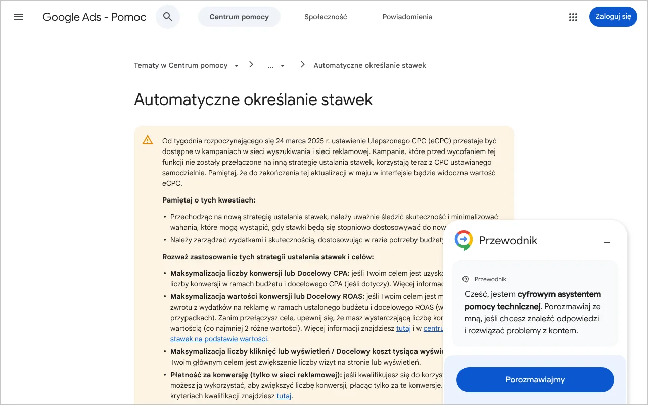 Strona pomocy Google Ads o automatycznym określaniu stawek z zestawieniem strategii ustalania stawek według celu
