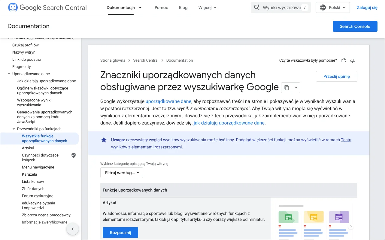 Strona dokumentacji Google z galerią znaczników uporządkowanych danych obsługiwanych przez wyszukiwarkę