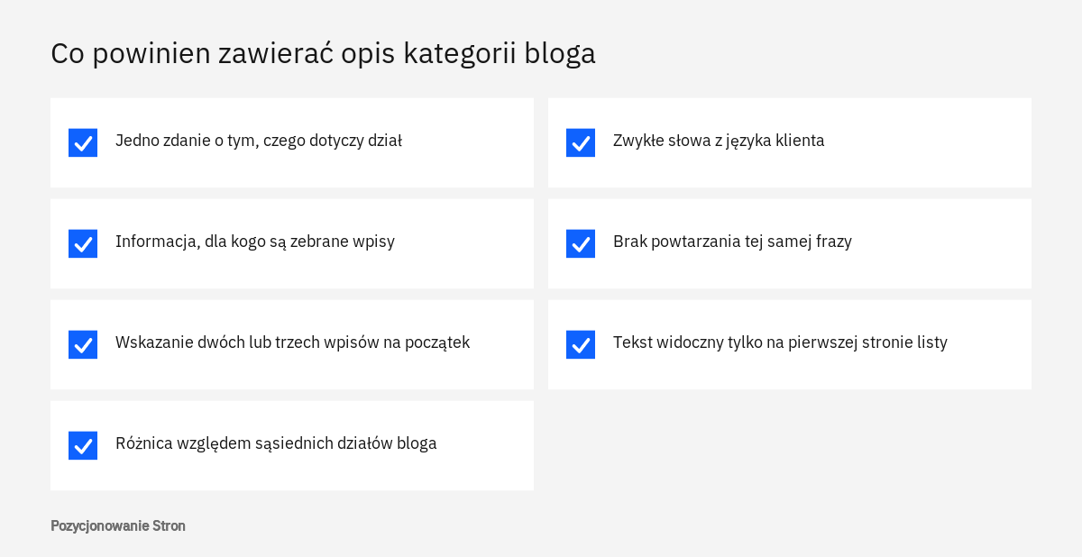 Lista elementów dobrego opisu na stronie kategorii bloga: temat działu, odbiorca, wpisy na początek i język klienta