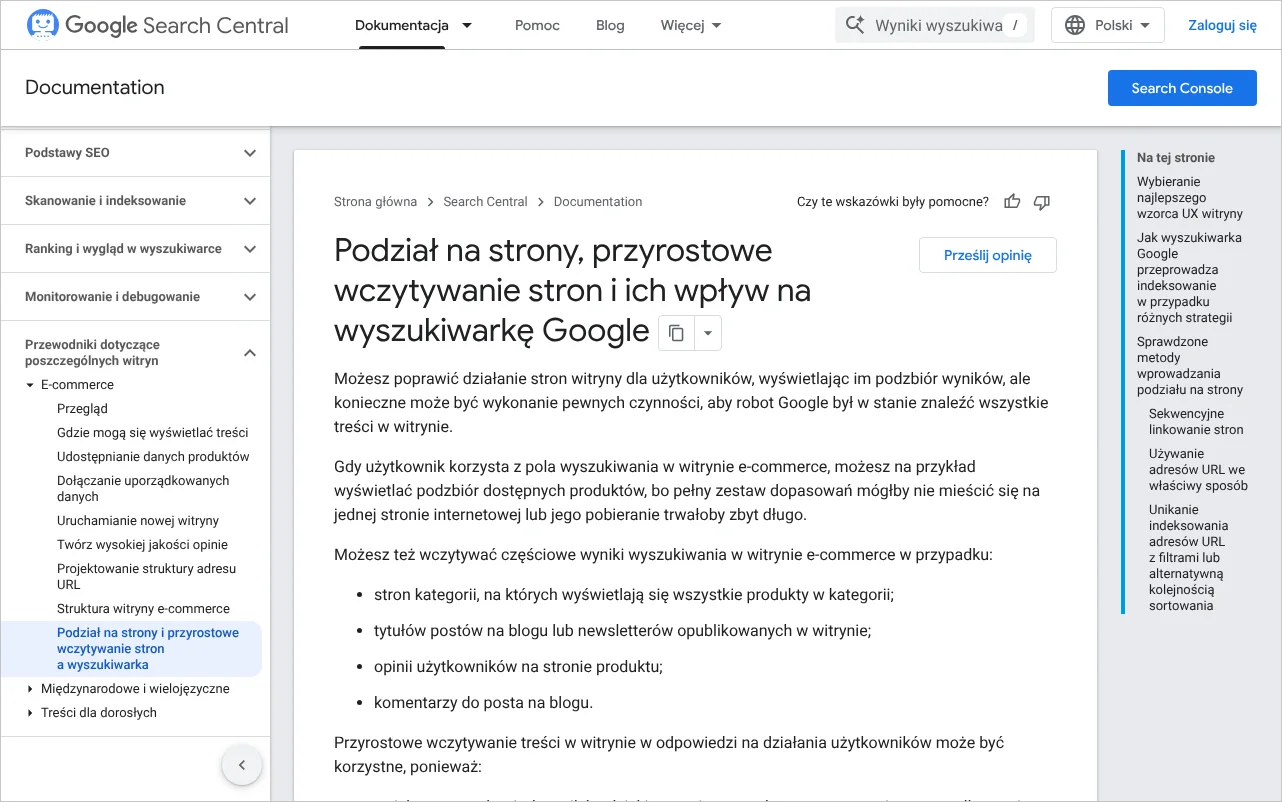 Strona dokumentacji Centrum wyszukiwarki Google ze sprawdzonymi metodami dotyczącymi podziału listy na strony