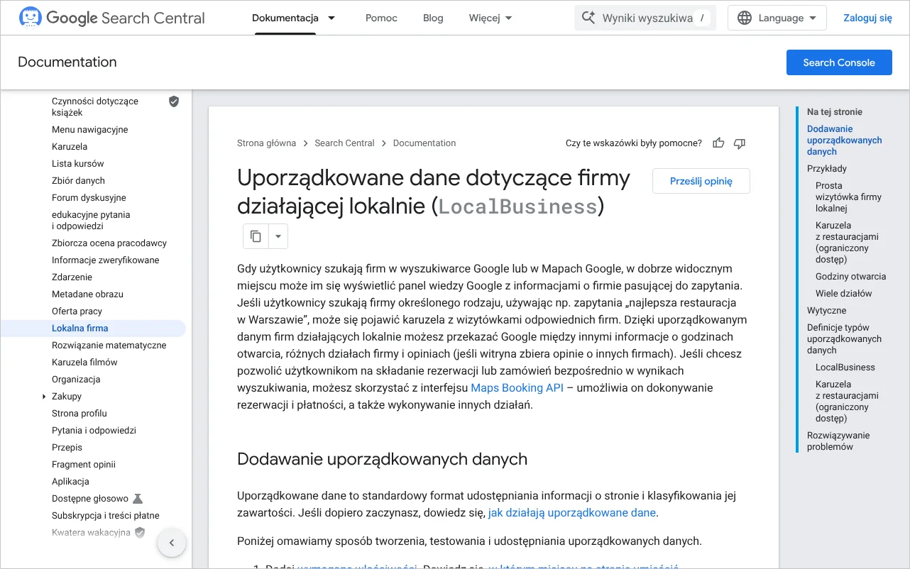 Strona dokumentacji Centrum wyszukiwarki Google opisująca uporządkowane dane firmy działającej lokalnie LocalBusiness