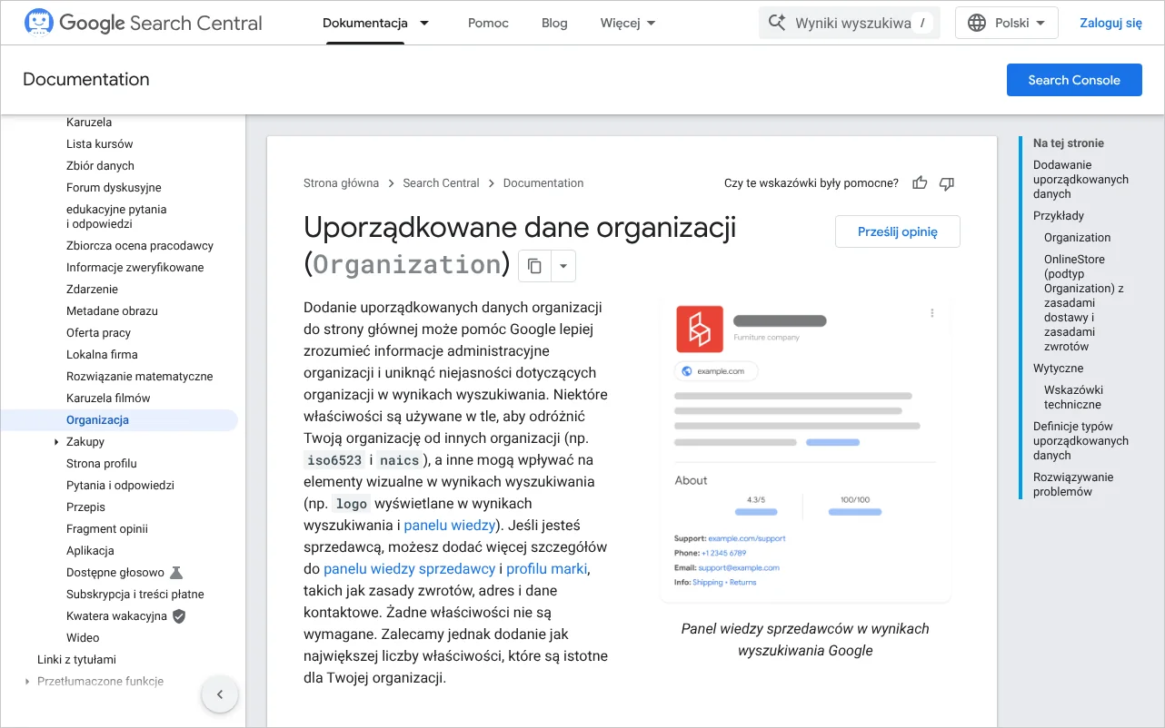 Strona dokumentacji Google o znacznikach schematu organizacji, które można umieścić na stronie o nas
