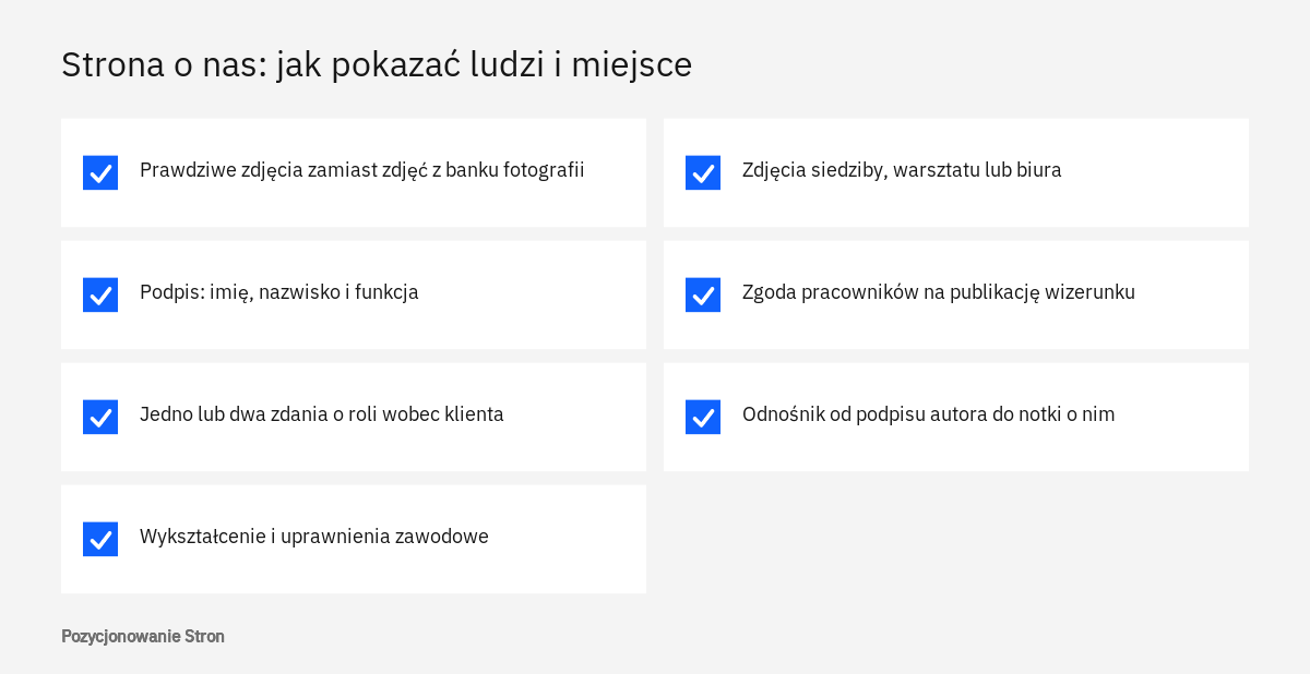 Lista elementów, które uwiarygodniają zespół na stronie o nas: prawdziwe zdjęcia, podpisy, funkcje i zdjęcia siedziby