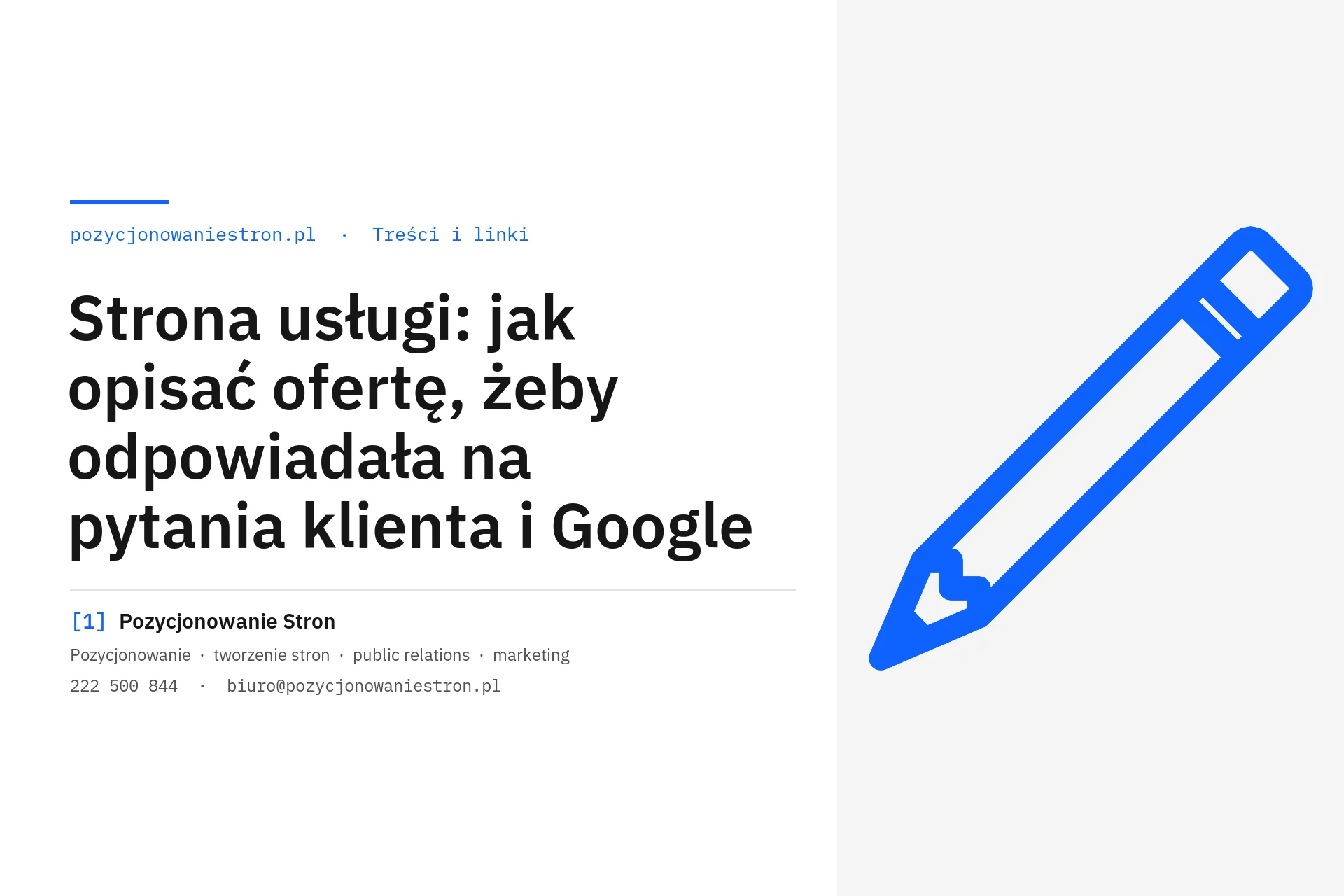 Strona usługi i opis oferty dla klienta oraz Google - okładka wpisu na blogu Pozycjonowanie Stron