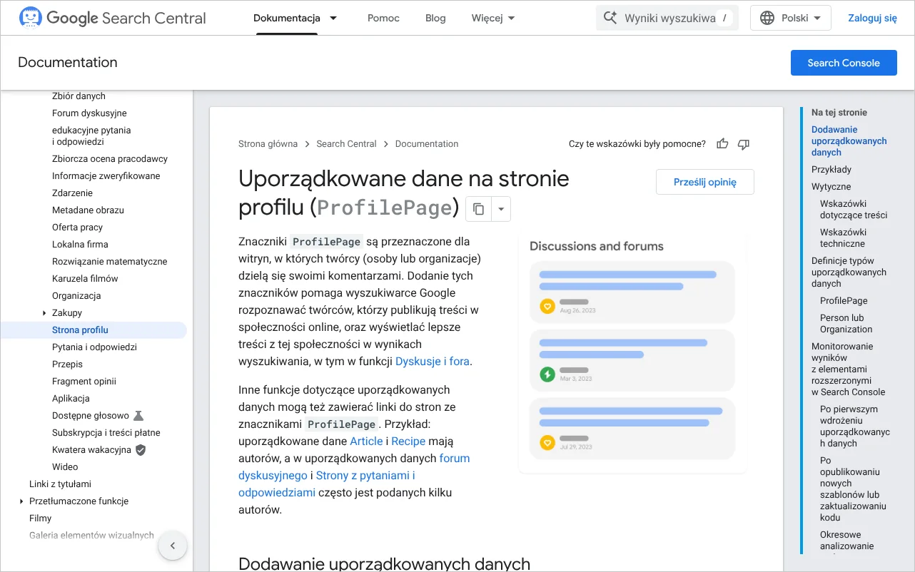 Dokumentacja Google dotycząca danych strukturalnych strony profilu ProfilePage, przydatnych dla profilu pracownika