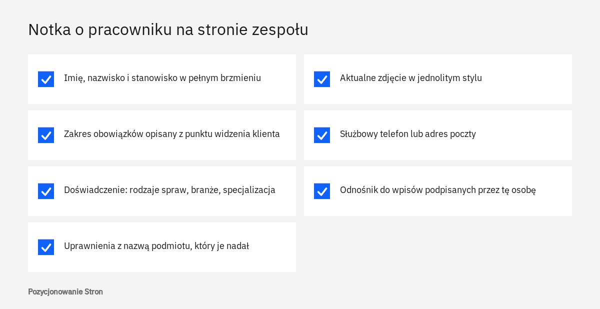Lista elementów notki o pracowniku na stronie zespołu: stanowisko, zakres obowiązków, uprawnienia, zdjęcie i kontakt