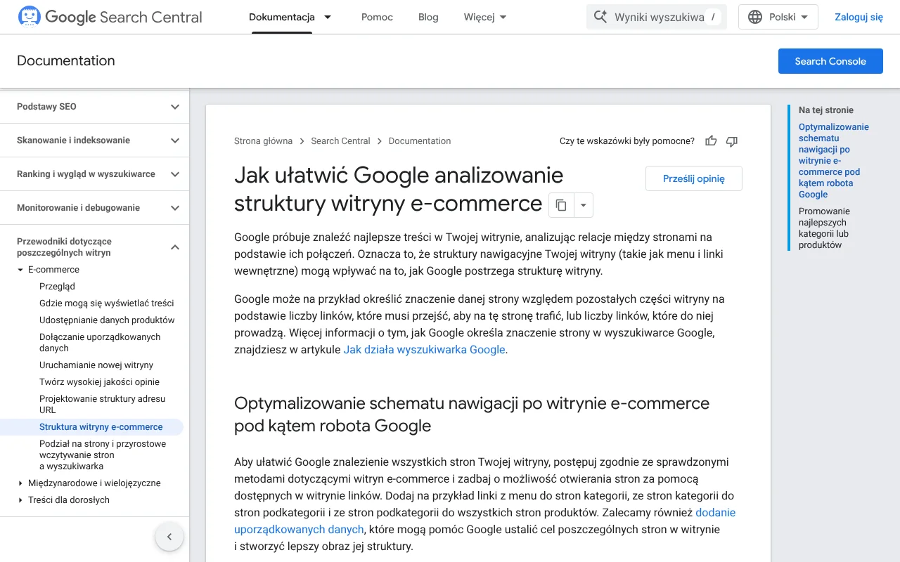 Strona dokumentacji Google o strukturze witryny e-commerce z zaleceniami dotyczącymi nawigacji i linków do kategorii oraz produktów