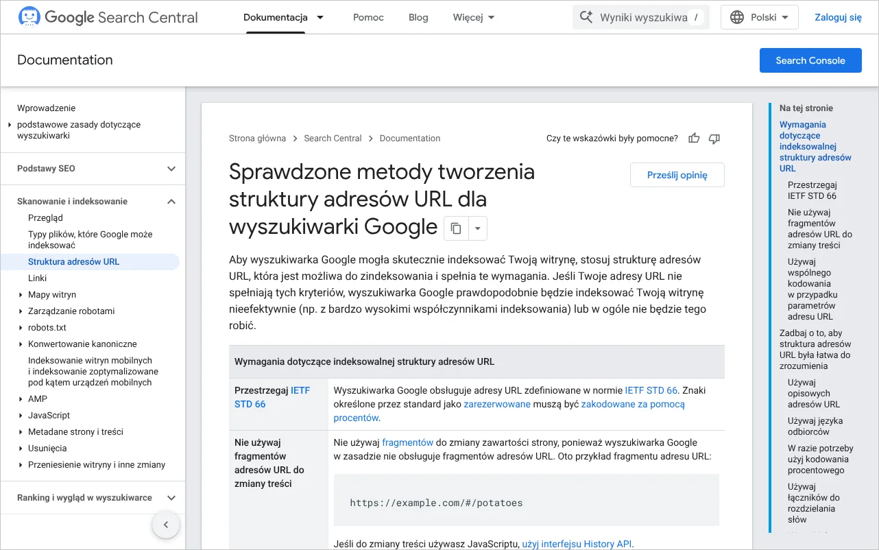 Strona dokumentacji Google ze sprawdzonymi metodami tworzenia struktury adresów URL w Centrum wyszukiwarki