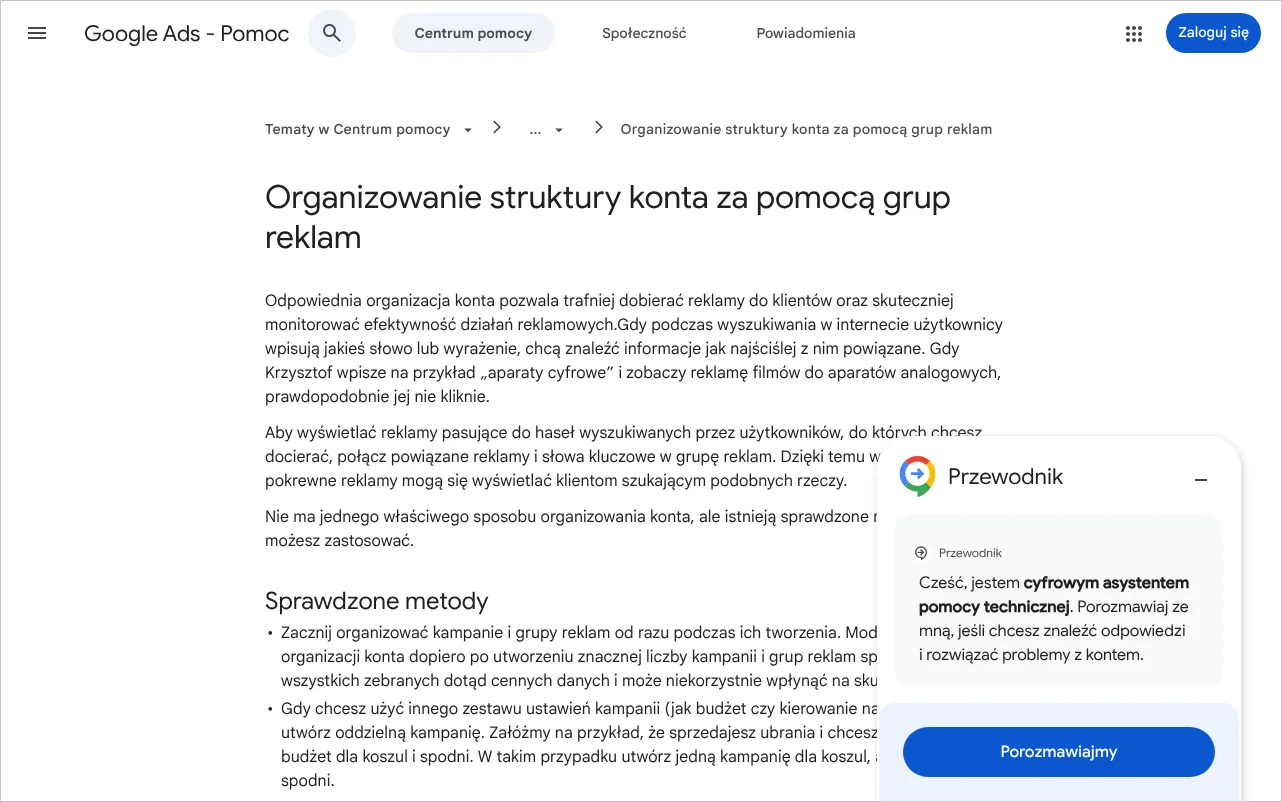 Strona pomocy Google Ads o organizowaniu struktury konta za pomocą grup reklam ze schematem kampanii i grup