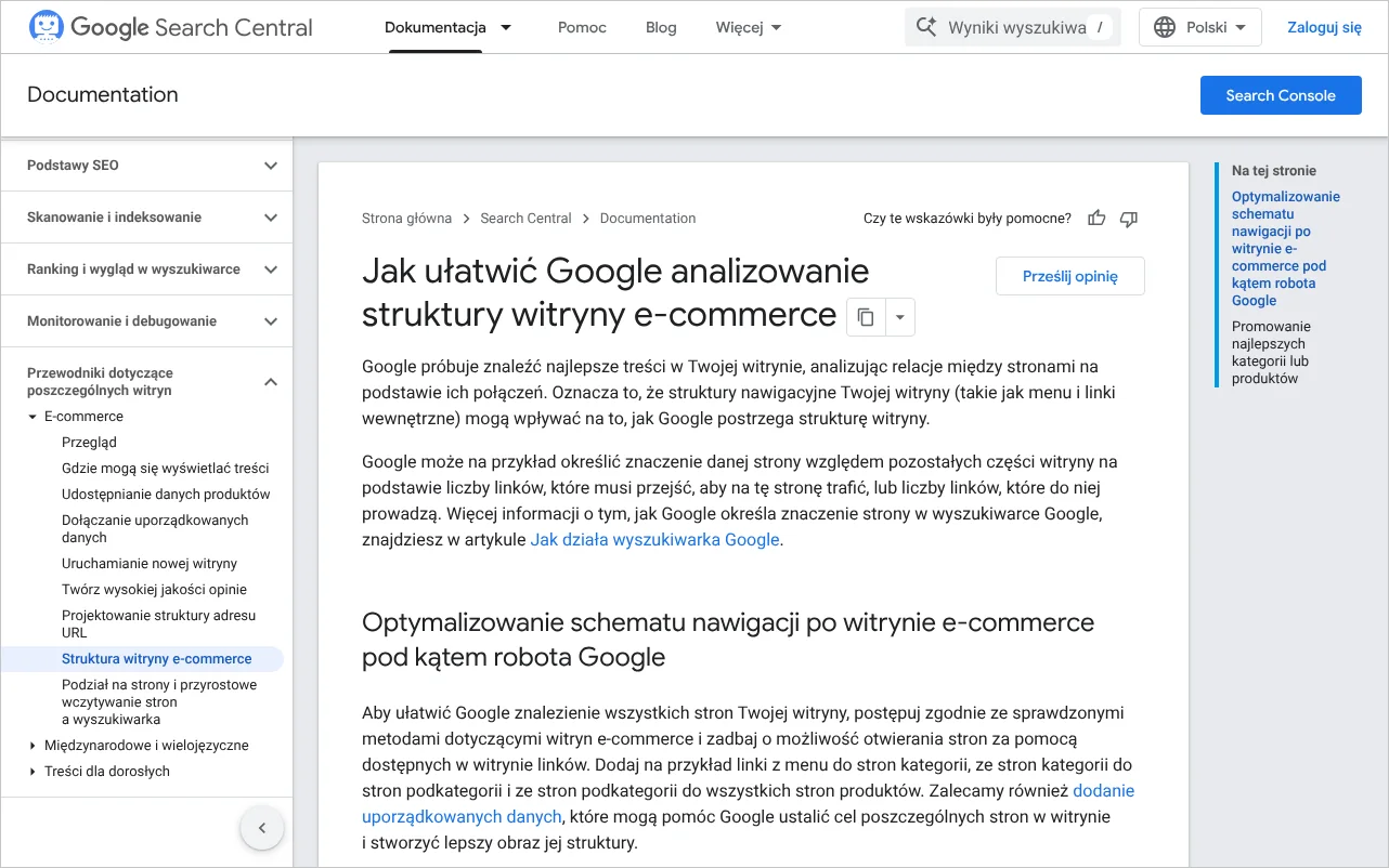Strona dokumentacji Centrum wyszukiwarki Google opisująca, jak ułatwić Google analizowanie struktury witryny i nawigacji