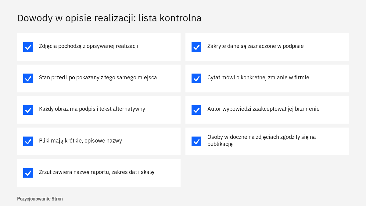 Lista kontrolna dowodów w studium przypadku: zdjęcia przed i po, opisane zrzuty ekranu oraz podpisane cytaty klienta
