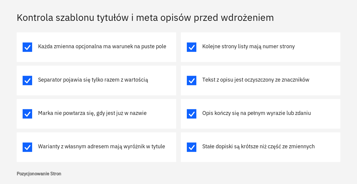 Lista kontrolna szablonu tytułów i meta opisów w sklepie: puste zmienne, warianty, numery stron i przycinanie tekstu