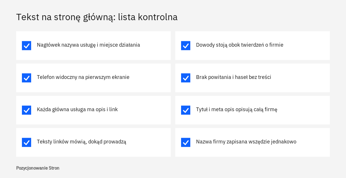 Lista kontrolna tekstu na stronę główną firmy: nagłówek, telefon, linki do usług, dowody, tytuł strony i meta opis