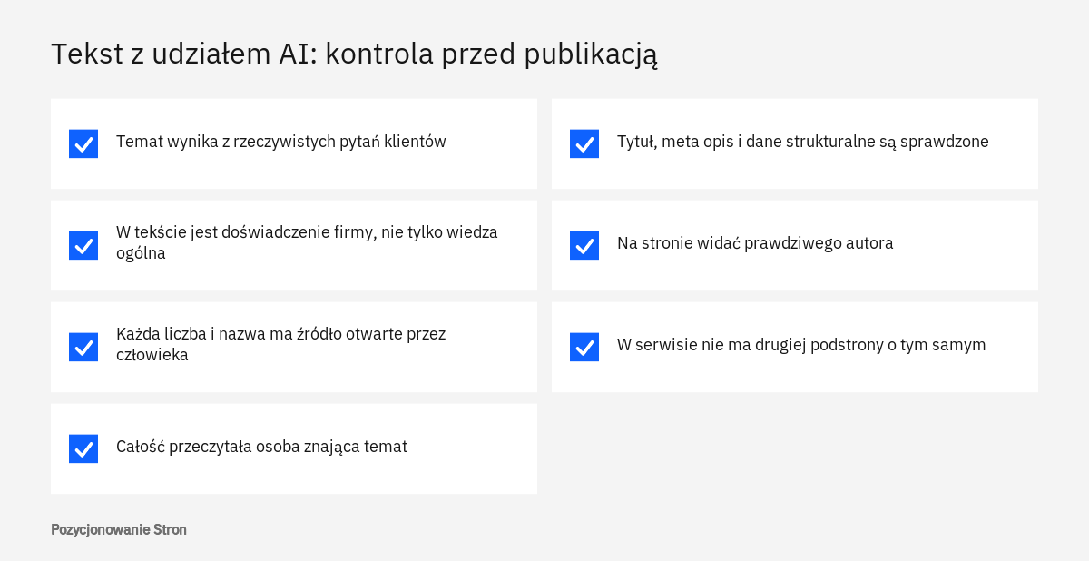 Lista kontrolna dla treści pisanych przez AI przed publikacją: temat, doświadczenie firmy, źródła, redakcja i autor