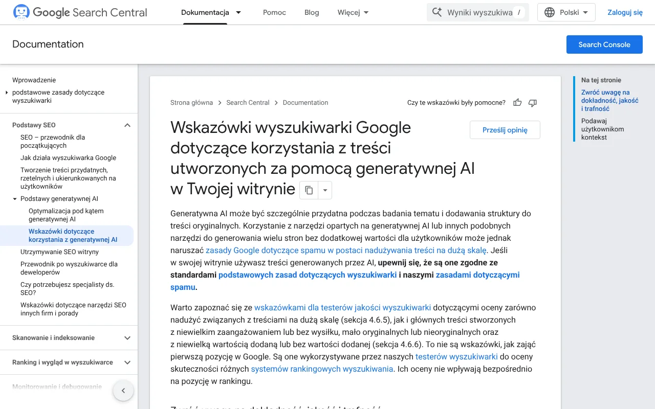 Strona dokumentacji Centrum wyszukiwarki Google ze wskazówkami o treściach utworzonych za pomocą generatywnej AI