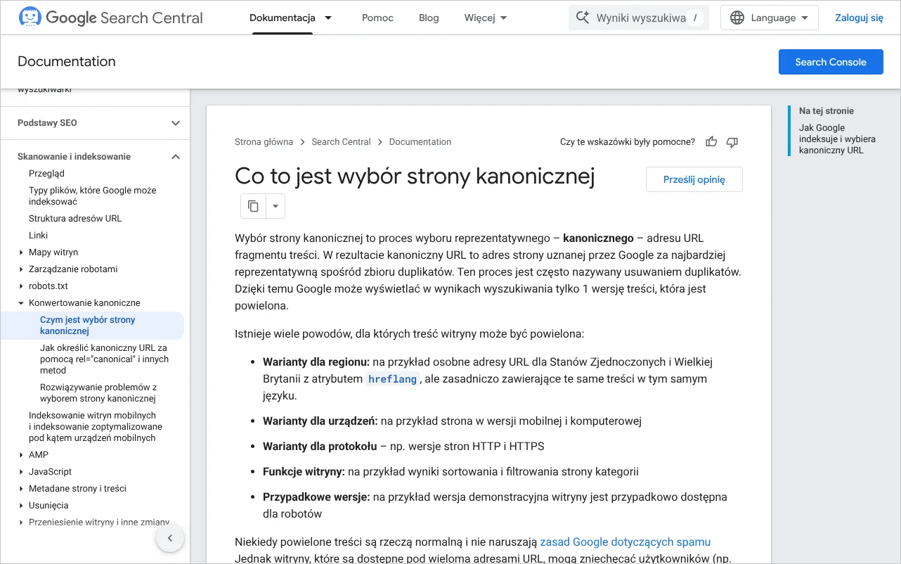 Strona dokumentacji Centrum wyszukiwarki Google wyjaśniająca, czym jest wybór strony kanonicznej dla treści powielonych