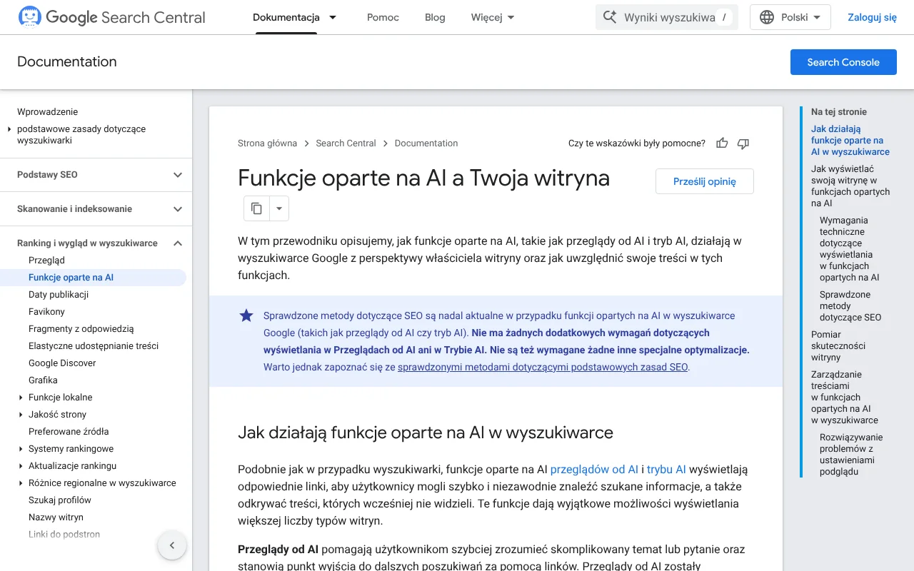 Strona dokumentacji Centrum wyszukiwarki Google o funkcjach opartych na AI, czyli Przeglądach od AI i Trybie AI