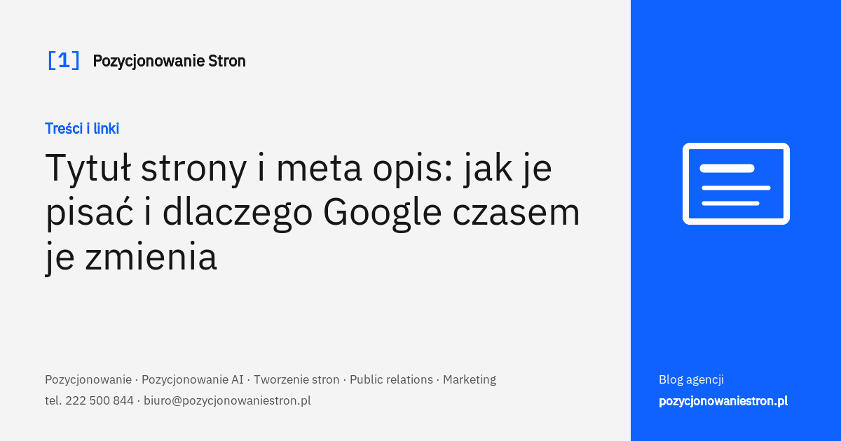 Tytuł strony i meta opis w wynikach Google - okładka wpisu na blogu Pozycjonowanie Stron
