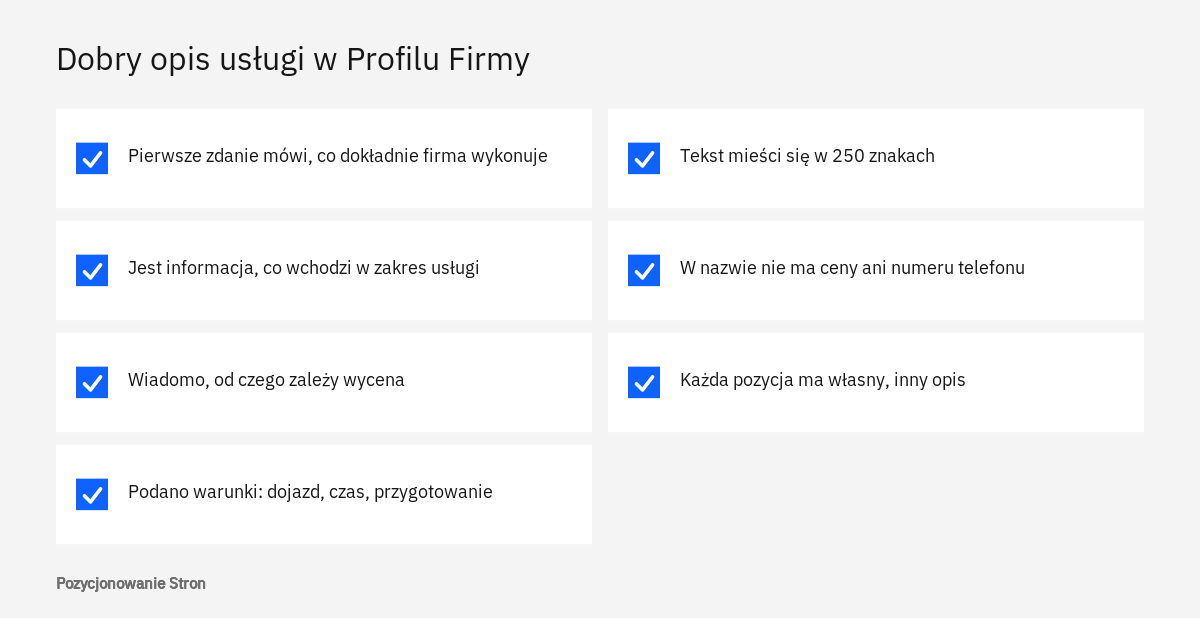 Lista kontrolna opisu usługi w Profilu Firmy w Google: zakres pracy, warunki, wycena, brak ceny i telefonu w nazwie