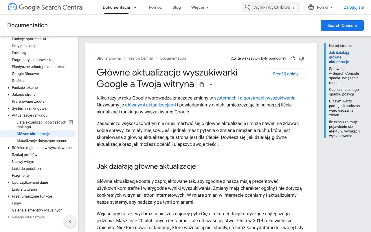 Strona dokumentacji Google o głównych aktualizacjach wyszukiwarki, w której usuwanie treści nazwano ostatecznością