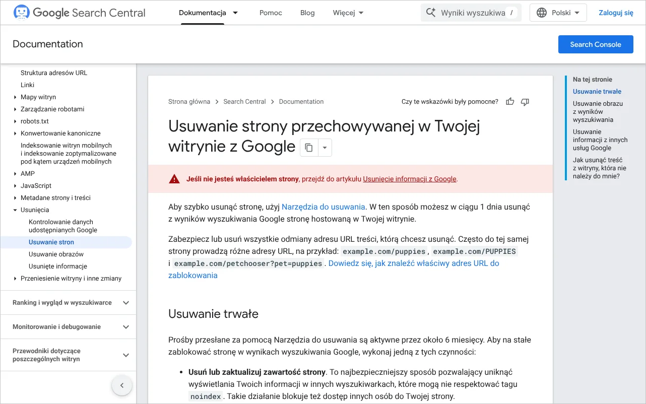 Strona dokumentacji Google o usuwaniu strony z wyników wyszukiwania z listą metod trwałego wycofania adresu