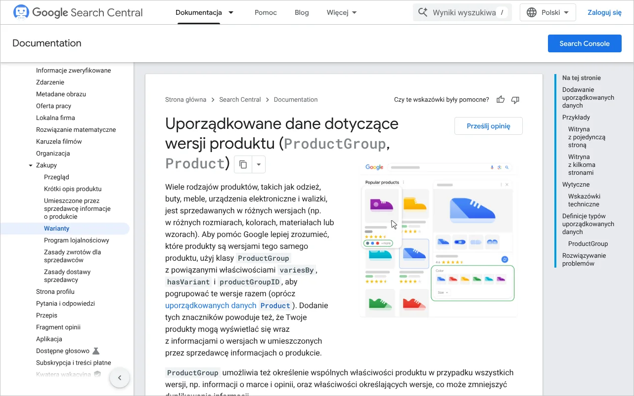 Strona dokumentacji Centrum wyszukiwarki Google o uporządkowanych danych dotyczących wersji produktu ProductGroup