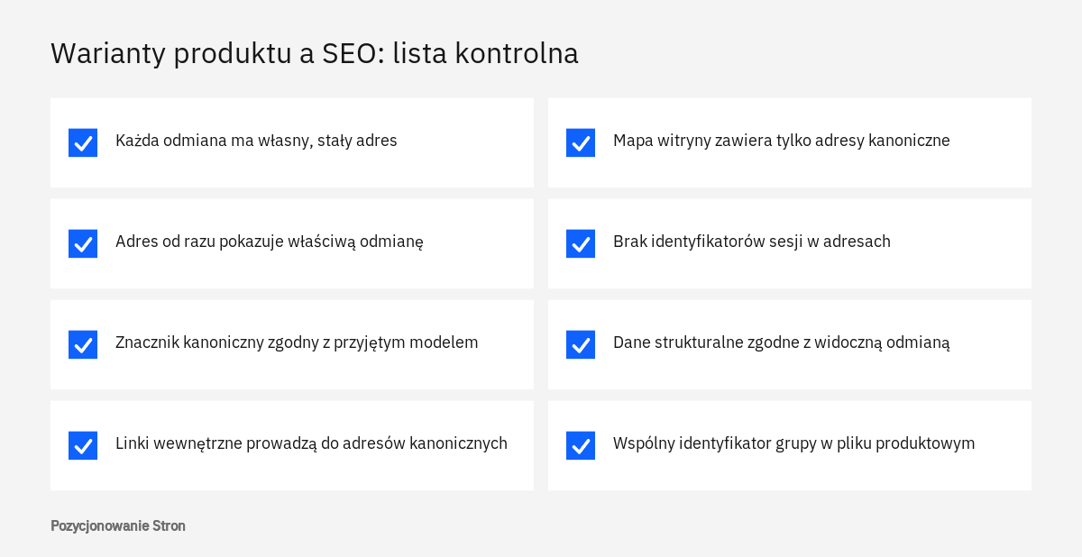 Lista kontrolna SEO dla wariantów produktu: adresy, wstępny wybór odmiany, adres kanoniczny, mapa witryny i plik produktowy