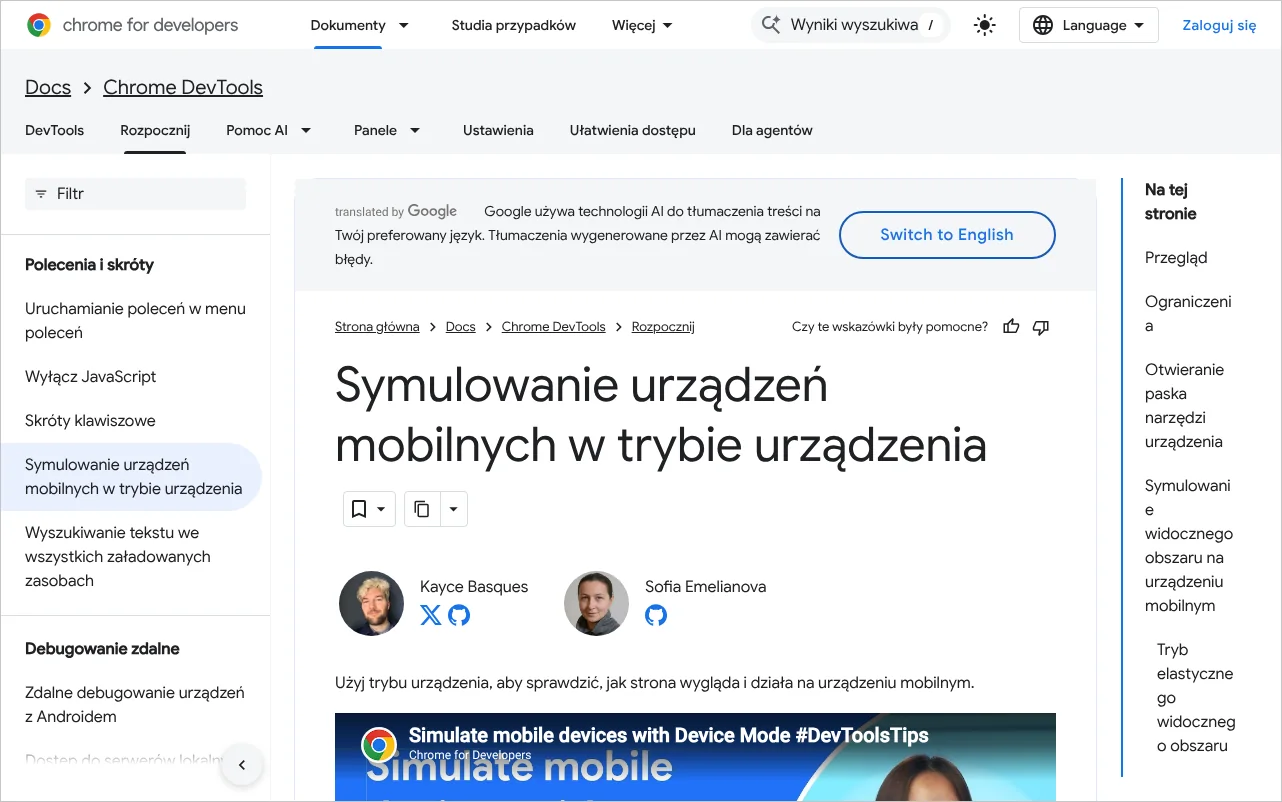 Strona dokumentacji Chrome opisująca tryb urządzenia, w którym testuje się wersję mobilną strony na komputerze
