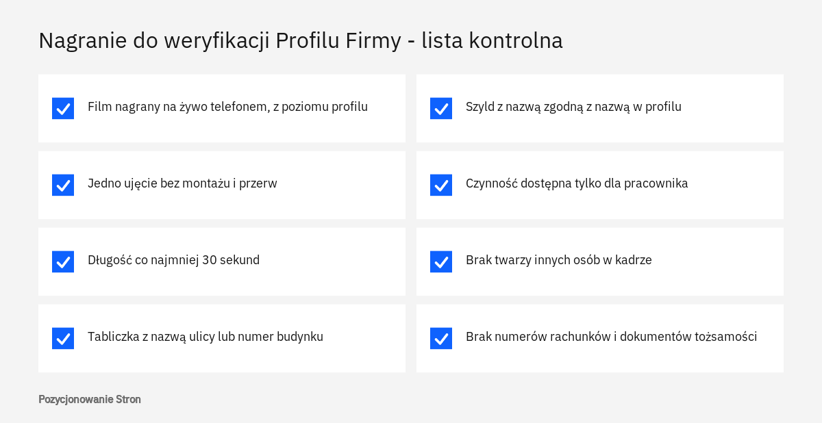Lista kontrolna nagrania wideo do weryfikacji Profilu Firmy w Google: długość, jedno ujęcie, lokalizacja, szyld i dowód zarządzania