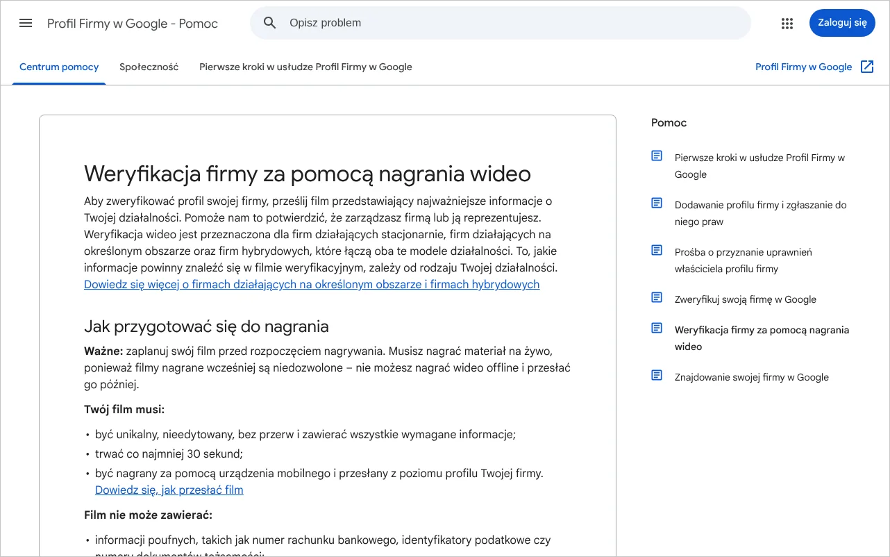 Strona pomocy Google z wymaganiami dotyczącymi nagrania wideo do weryfikacji Profilu Firmy w Google
