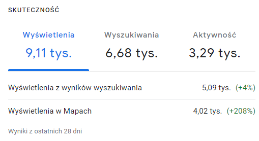 Panel Profilu Firmy w Google: wyświetlenia profilu z ostatnich 28 dni, drugie okno