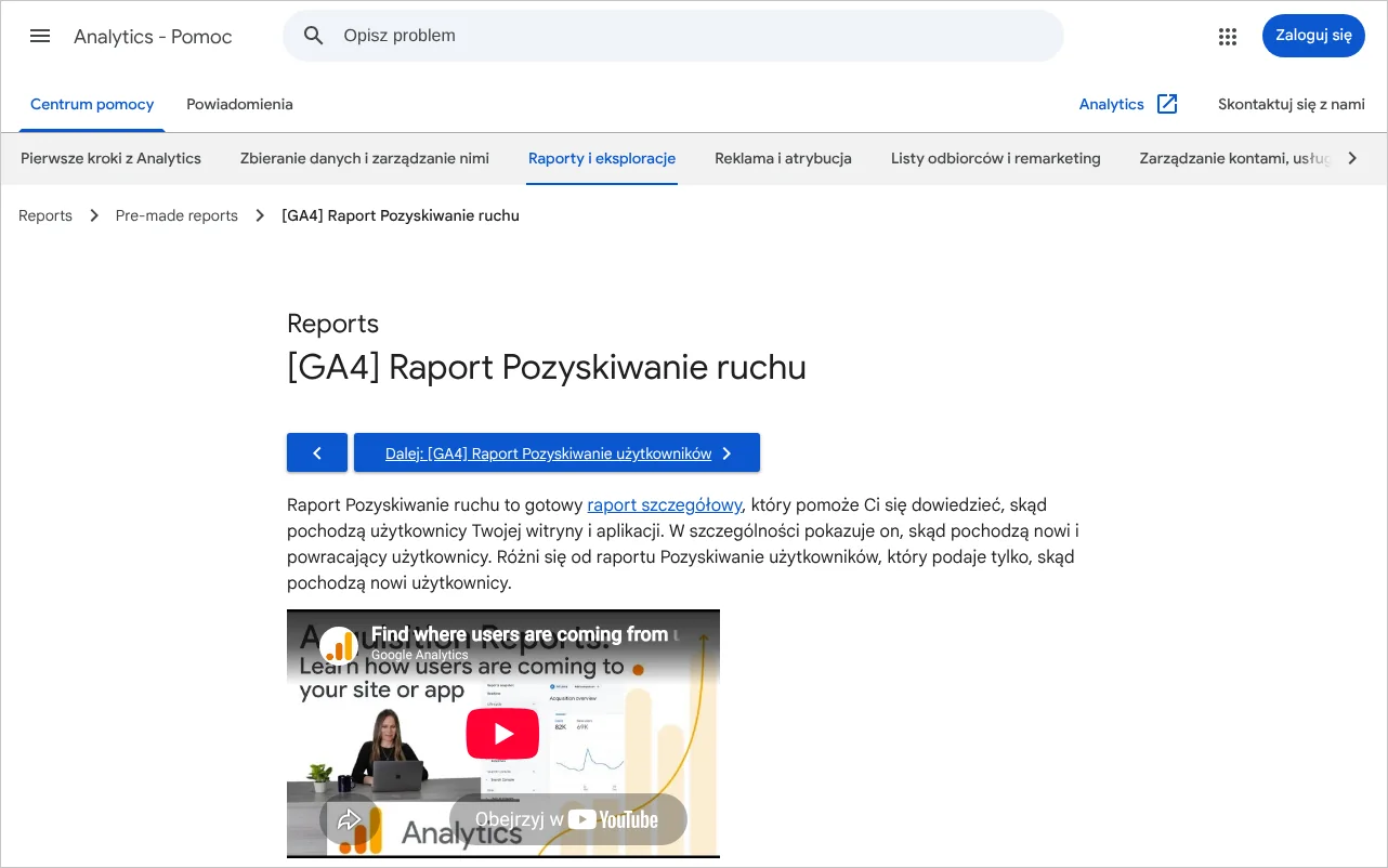 Strona pomocy Google Analytics opisująca raport Pozyskiwanie ruchu, w którym odczytuje się współczynnik konwersji